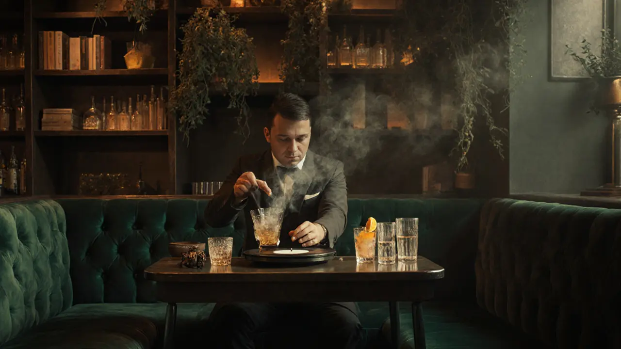 A bartender crafting a smoky cocktail in a quiet jazz bar with vintage glassware and velvet booths.