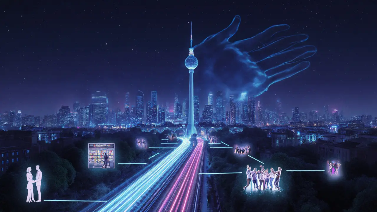 Berlin at night as a network of glowing connections, symbolizing intimate human moments across the city.