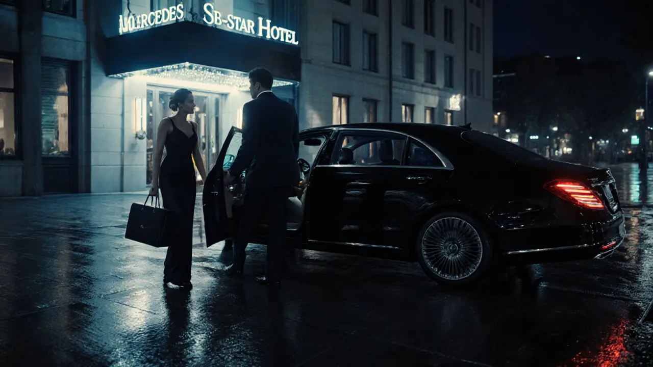 Black luxury car at a five‑star Berlin hotel entrance, driver and elegantly dressed companion preparing to meet.