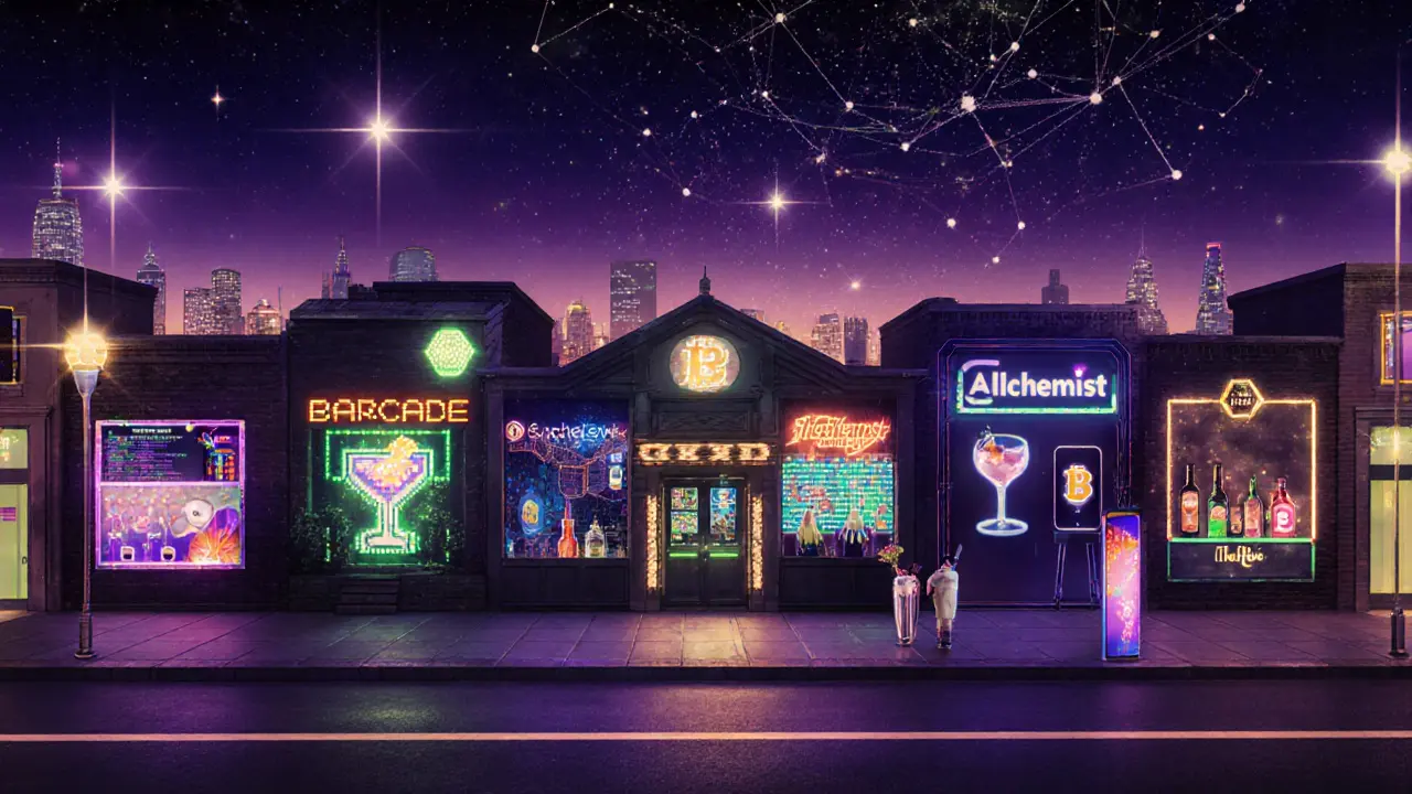 Collage of five London tech venues showing VR, arcade, molecular cocktails, crypto, and satellite lighting.
