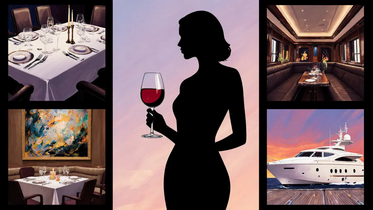 Collage of upscale services—fine dining, art gallery, private jet, yacht, opera—centered around a stylish woman.