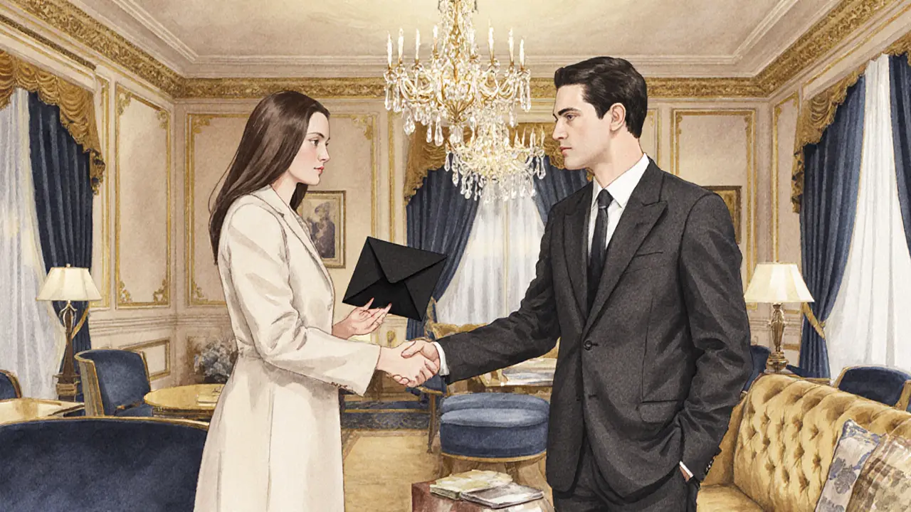 Companion and client exchange a black envelope in a luxe hotel lounge, symbolizing discreet professionalism.