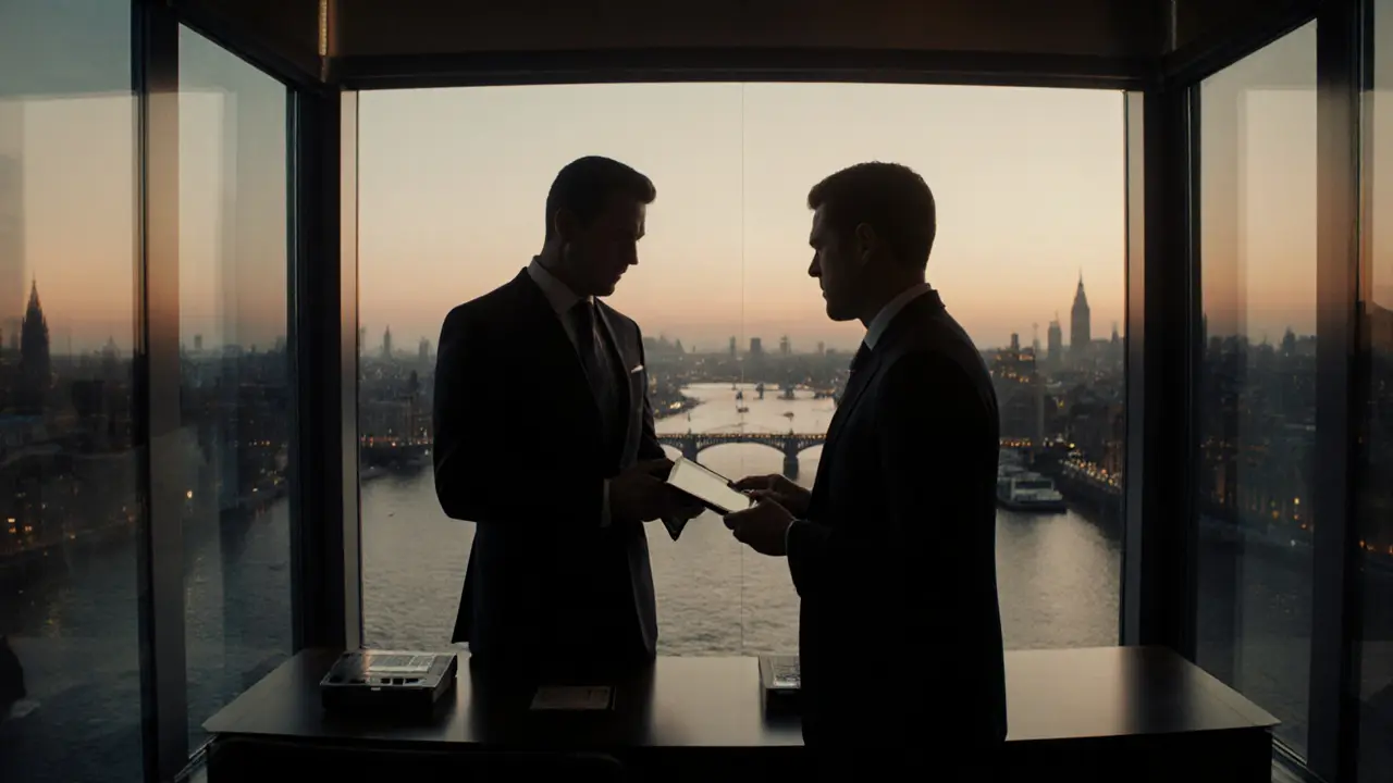 Concierge in a glass office presents a tablet to a client with the Thames view at dusk.