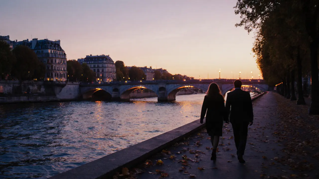 Couple walking peacefully along the Seine at sunset, city lights glowing.