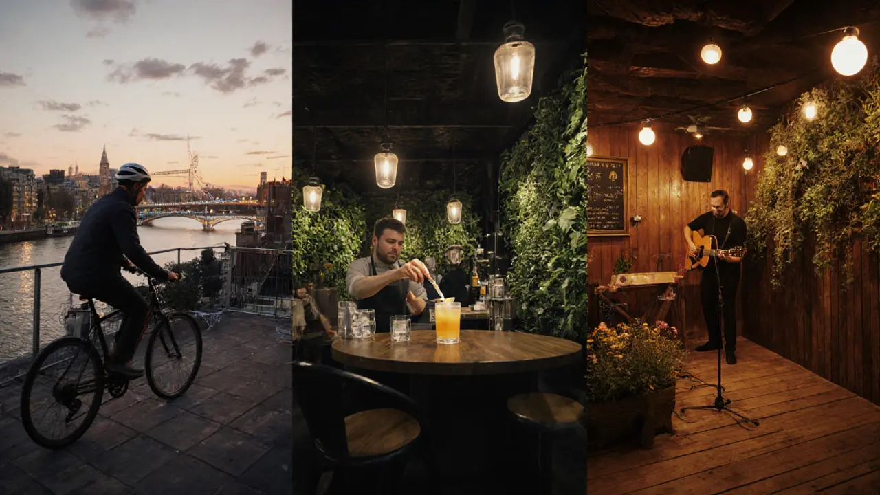 Cyclist heading to green venues, cocktail lounge with herb wall, and courtyard pub with live music.