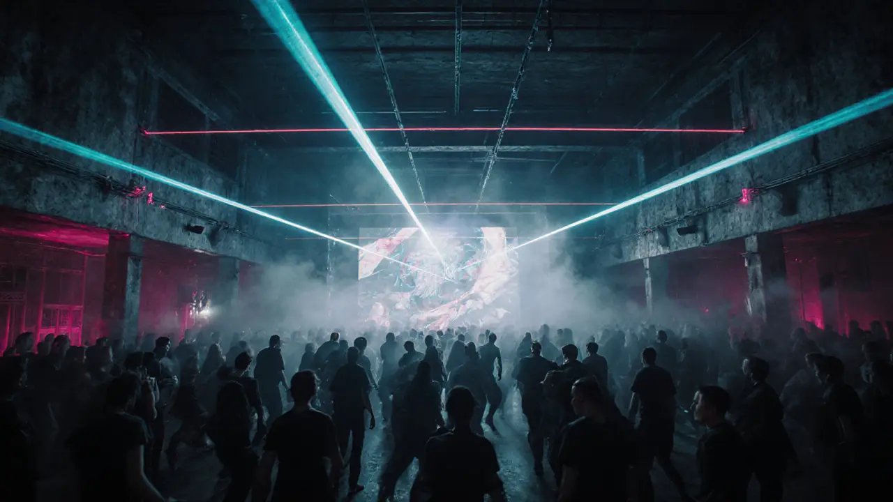 Dark techno club with laser lights, all‑black crowd dancing in an industrial warehouse.