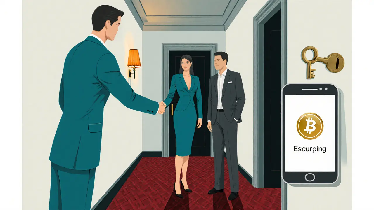 Discreet handshake between escort and client in a luxurious hotel corridor, suggesting safety.