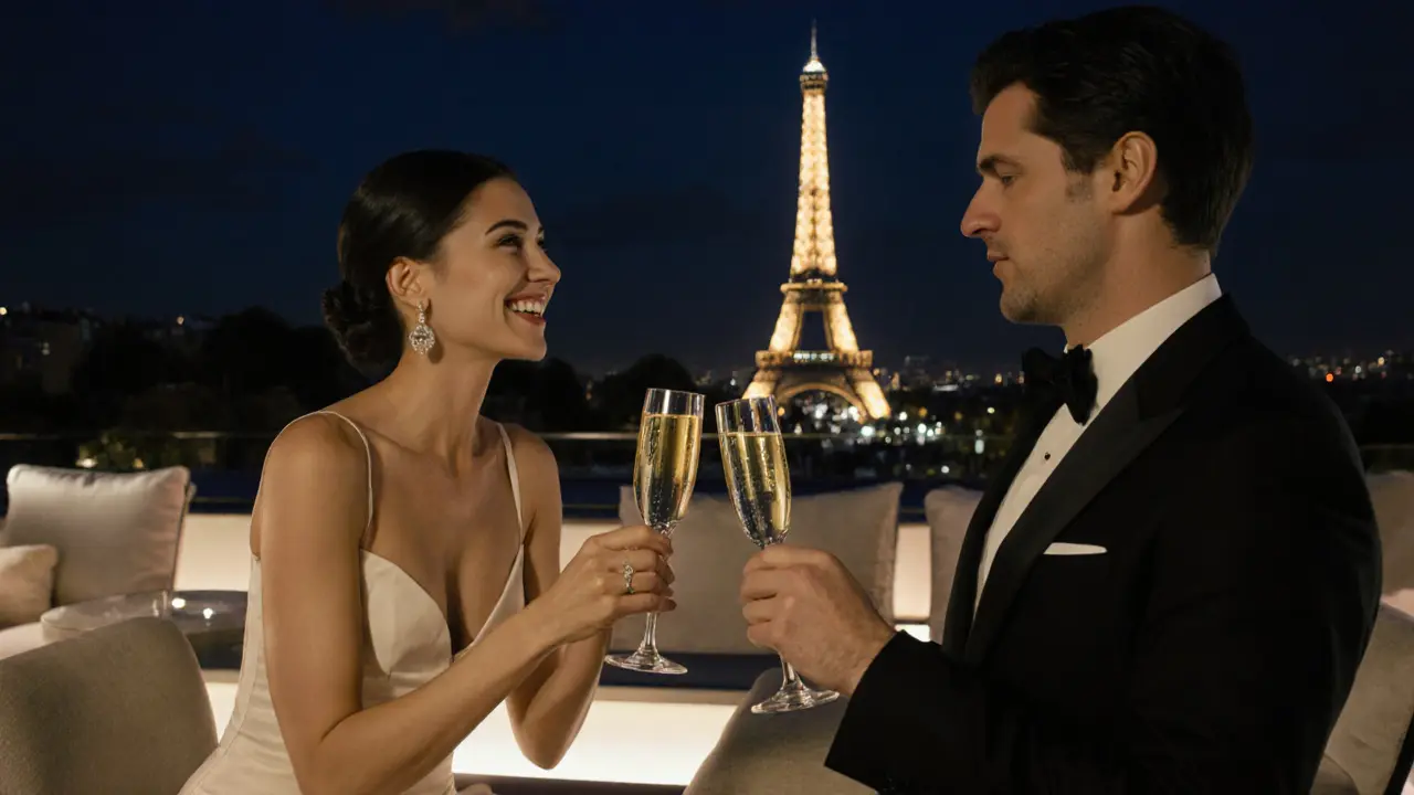 Elegant couple toasting at L’Oiseau Blanc with a view of the illuminated Eiffel Tower at night.