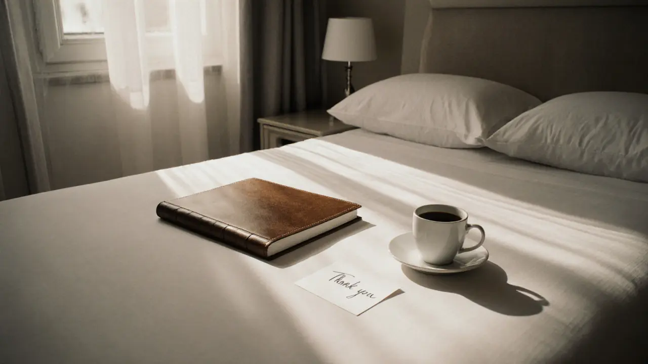 Elegant hotel room with coffee cup and handwritten note, morning light.