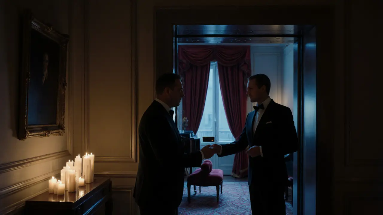 Elegant presidential suite hallway with private elevator and candlelit concierge scene.