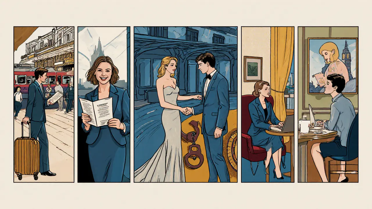 Five vignettes depicting social, professional, high‑end, specialty, and independent escorts in London settings.