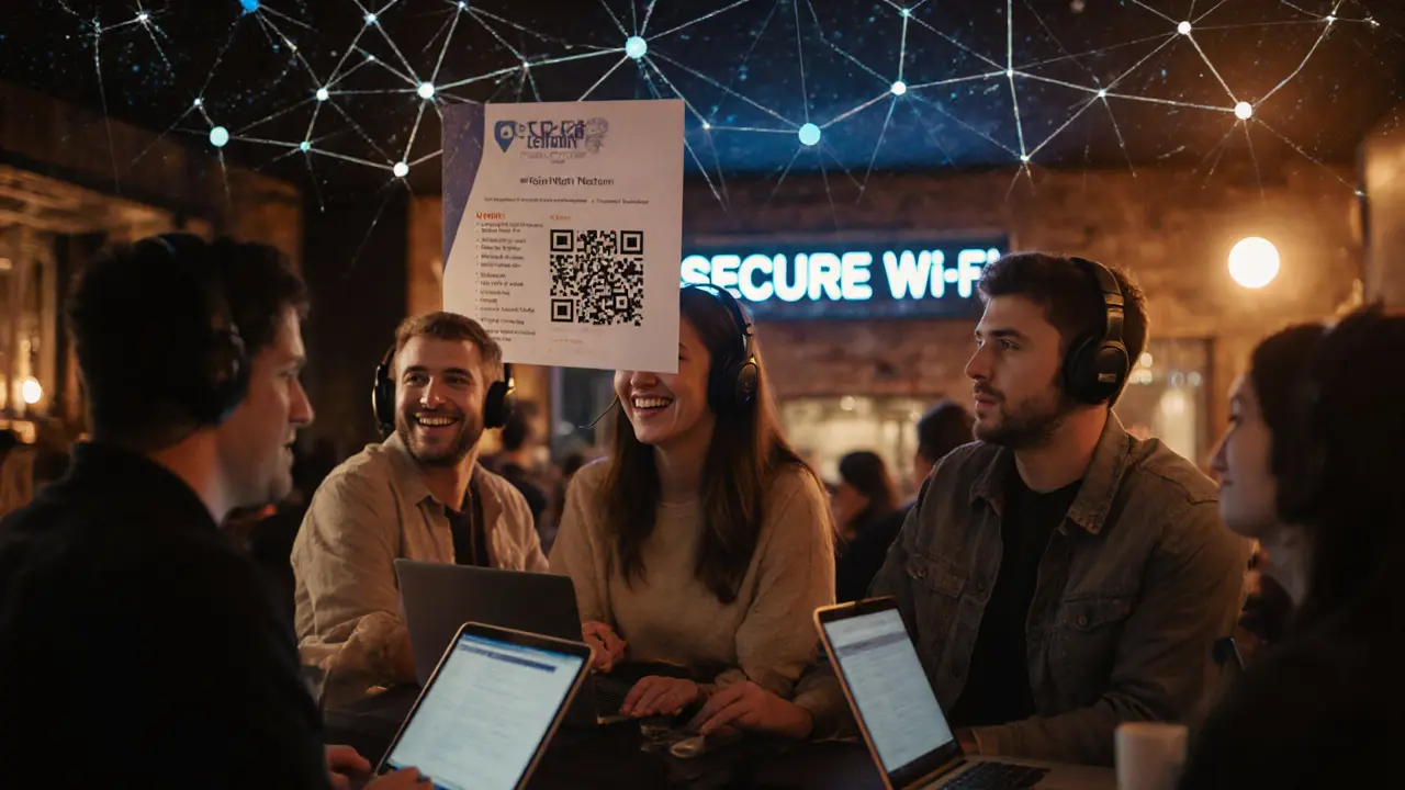 Friends at a tech‑friendly bar using laptops, QR menu, and LED ambient lighting.