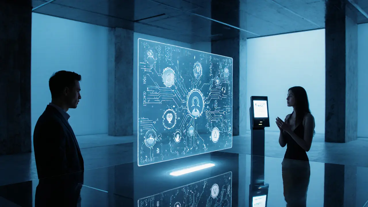 Futuristic AI interface pairing a client with an escort via discreet video call.