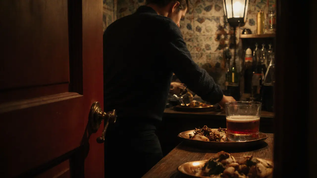 Inside a hidden Istanbul bar, a bartender pours rakı as a customer watches it turn milky under warm lantern light.