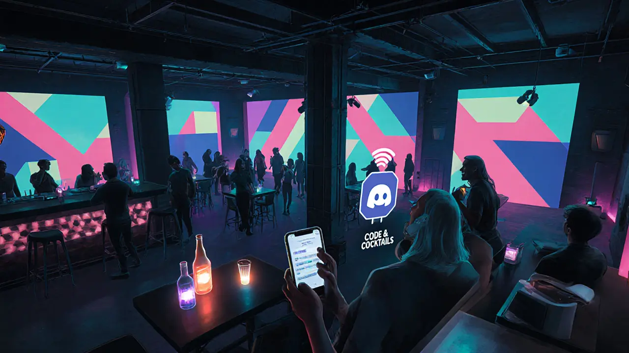 Inside Bunker Club with neon projections, NFC tables, and a Discord song‑queue on phones.