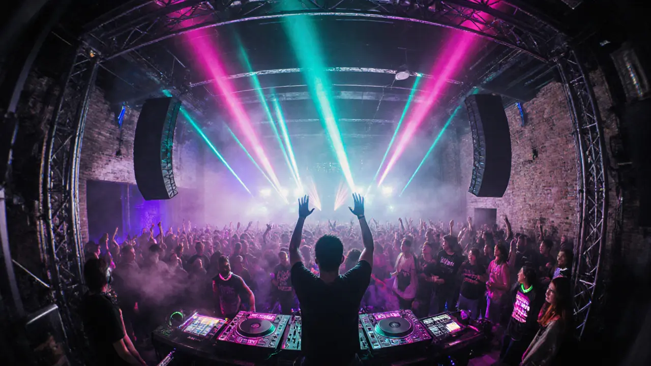 Inside Rex Club with laser lights, DJ, and a packed dance floor of vibrant clubbers.
