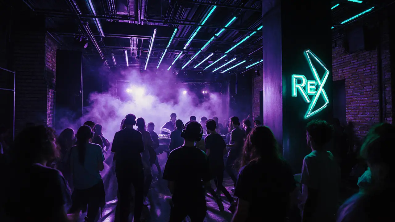 Inside Rex Club with neon lighting, DJ booth, and a crowd dancing to techno music.