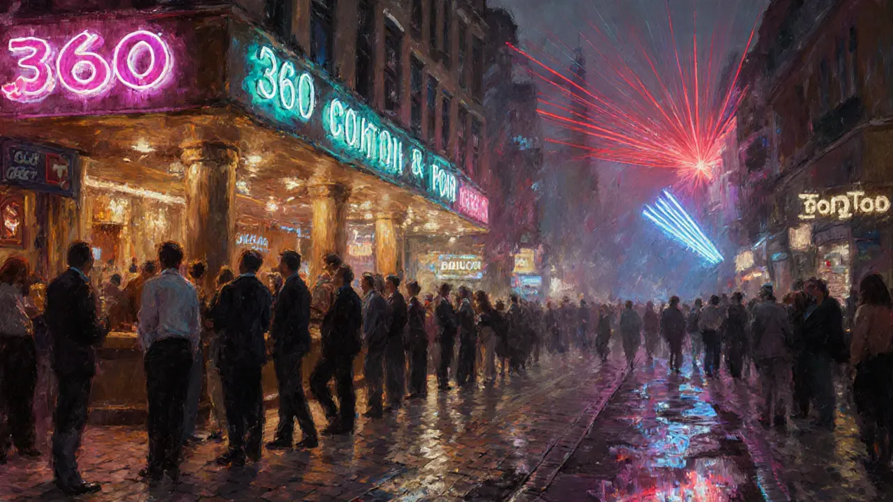 Istiklal Avenue street at night with neon signs, crowds, and club light shows.