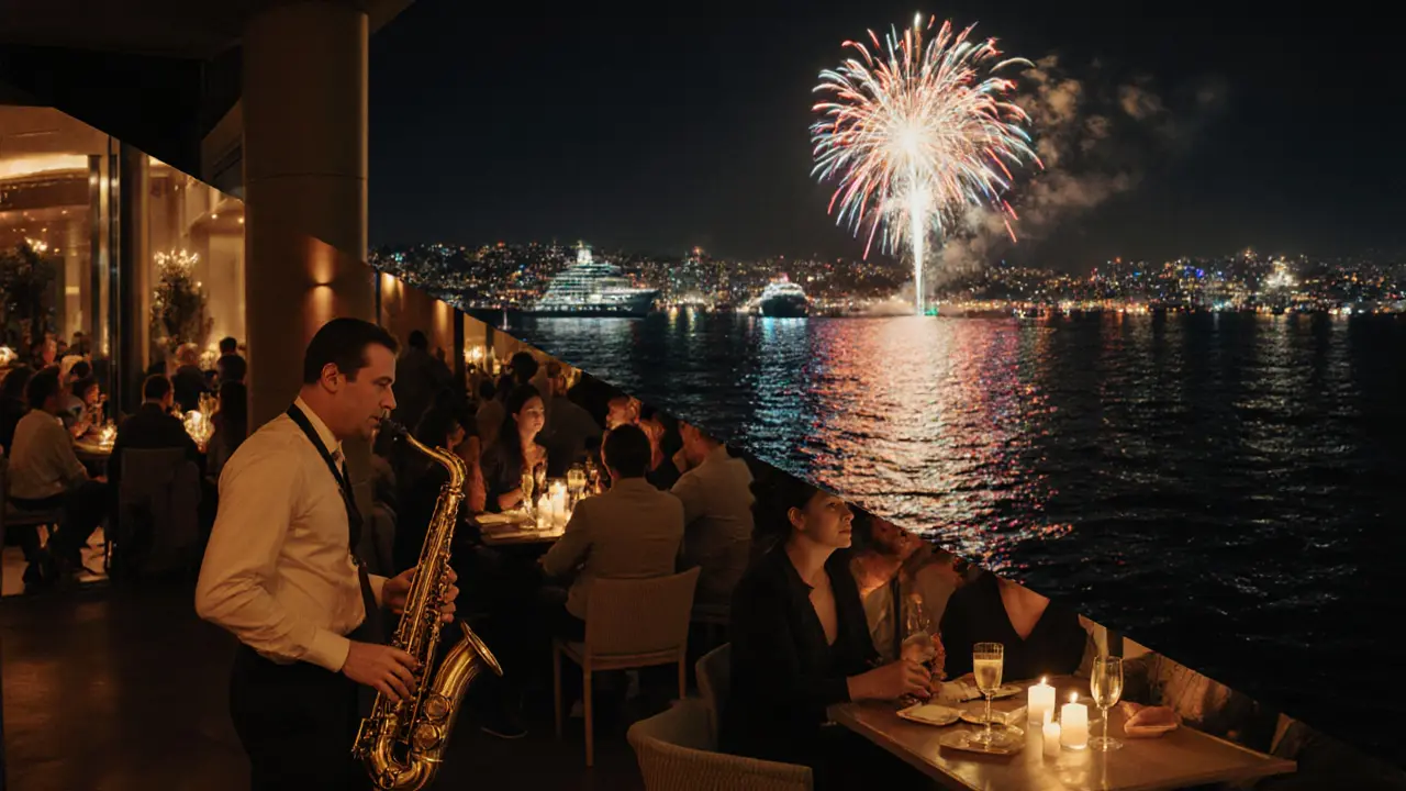 Jazz club interior with musicians, a rooftop terrace, and fireworks over the Bosphorus.