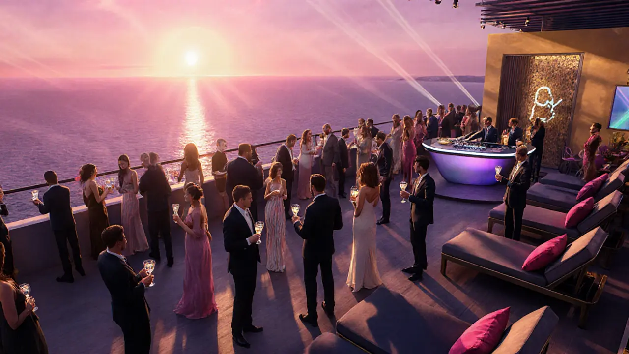 Jimmy'z rooftop terrace at twilight with stylish guests and a DJ.