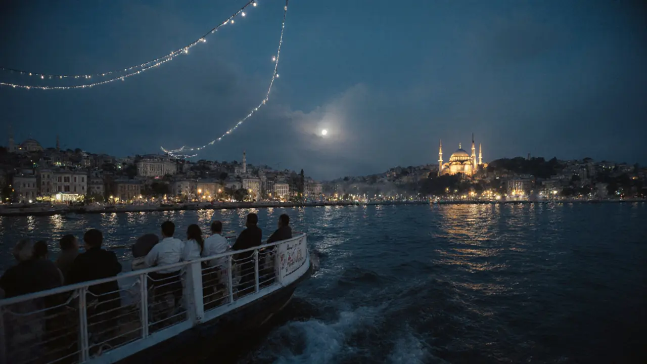 Late-night ferry on the Bosphorus passing illuminated palaces under moonlit mist.