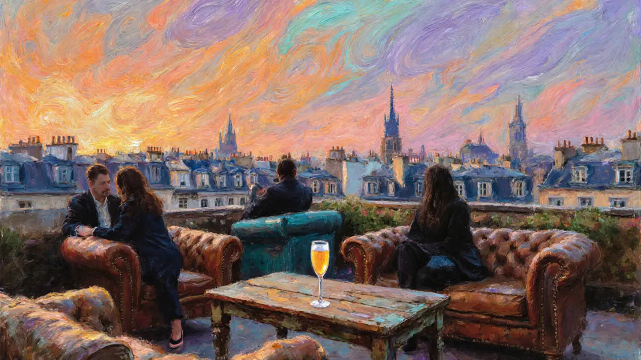 Le Perchoir Marais rooftop with vintage sofas, sunrise over Marais roofs and a Mimosa cocktail.