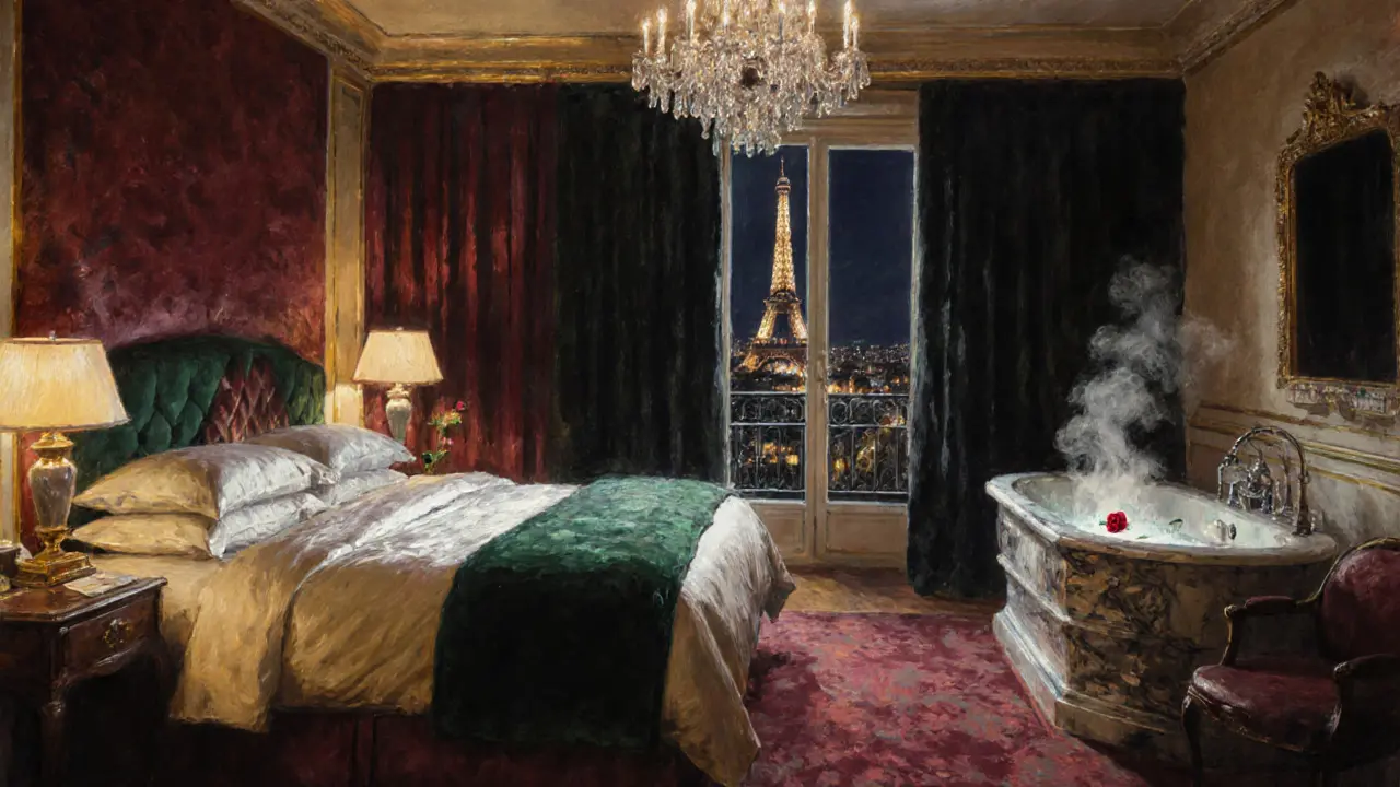 Luxurious suite interior with blackout curtains, marble bathtub, and Eiffel Tower view.