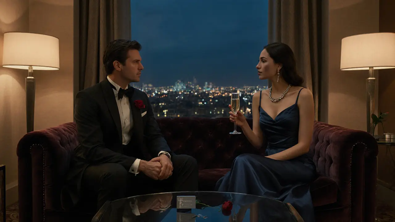 Luxury hotel suite with a suited client and an elegant companion sharing champagne.