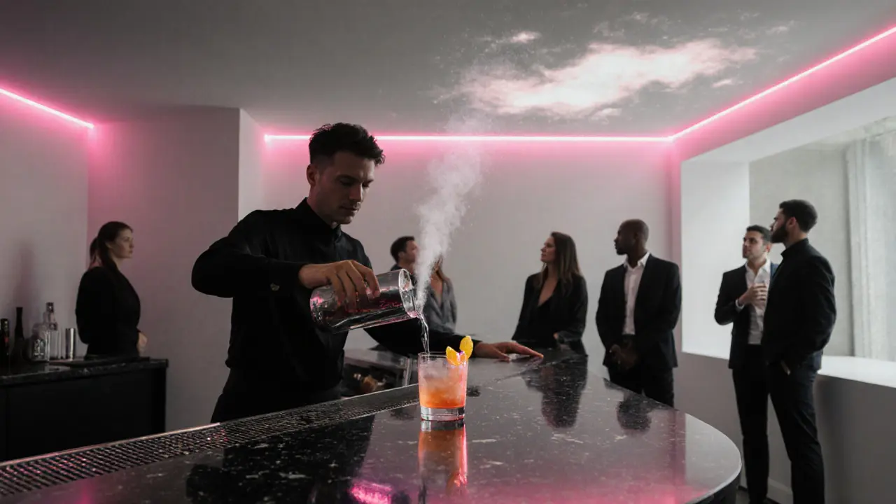 Minimalist bar interior with a neon cocktail and stylish patrons in smart‑casual attire.
