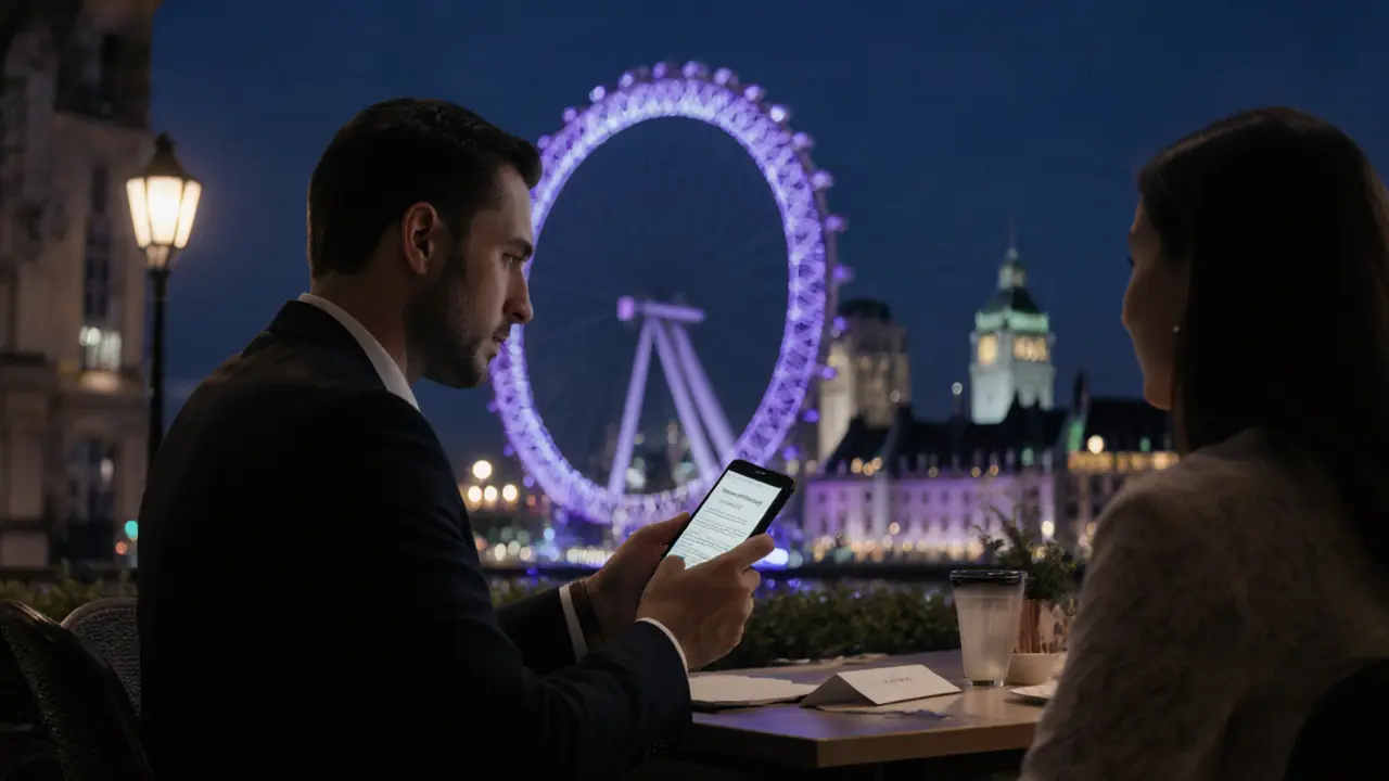 Night restaurant patio scene showing a man checking a discreet text and a folded agreement.