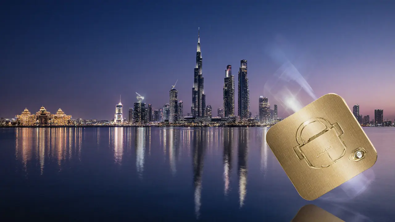Nighttime Abu Dhabi skyline with subtle lock and keycard symbols indicating discreet access.