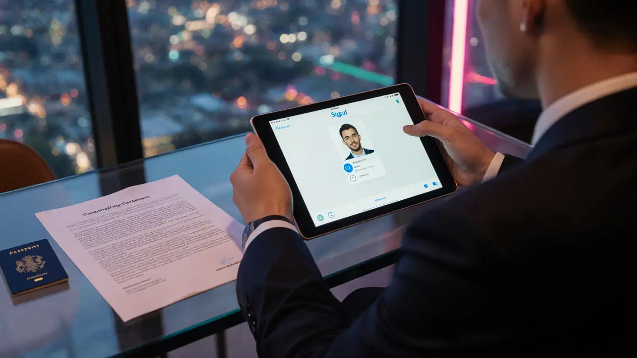 Person reviewing encrypted messages and verification documents on a tablet in a lounge.