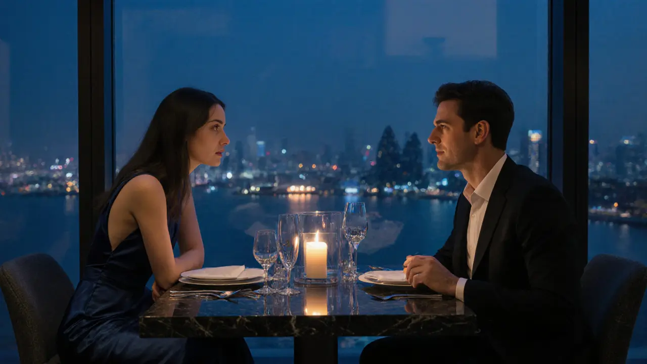 Private dinner table at Zuma with a sleek‑dressed escort and gentleman, city lights visible.