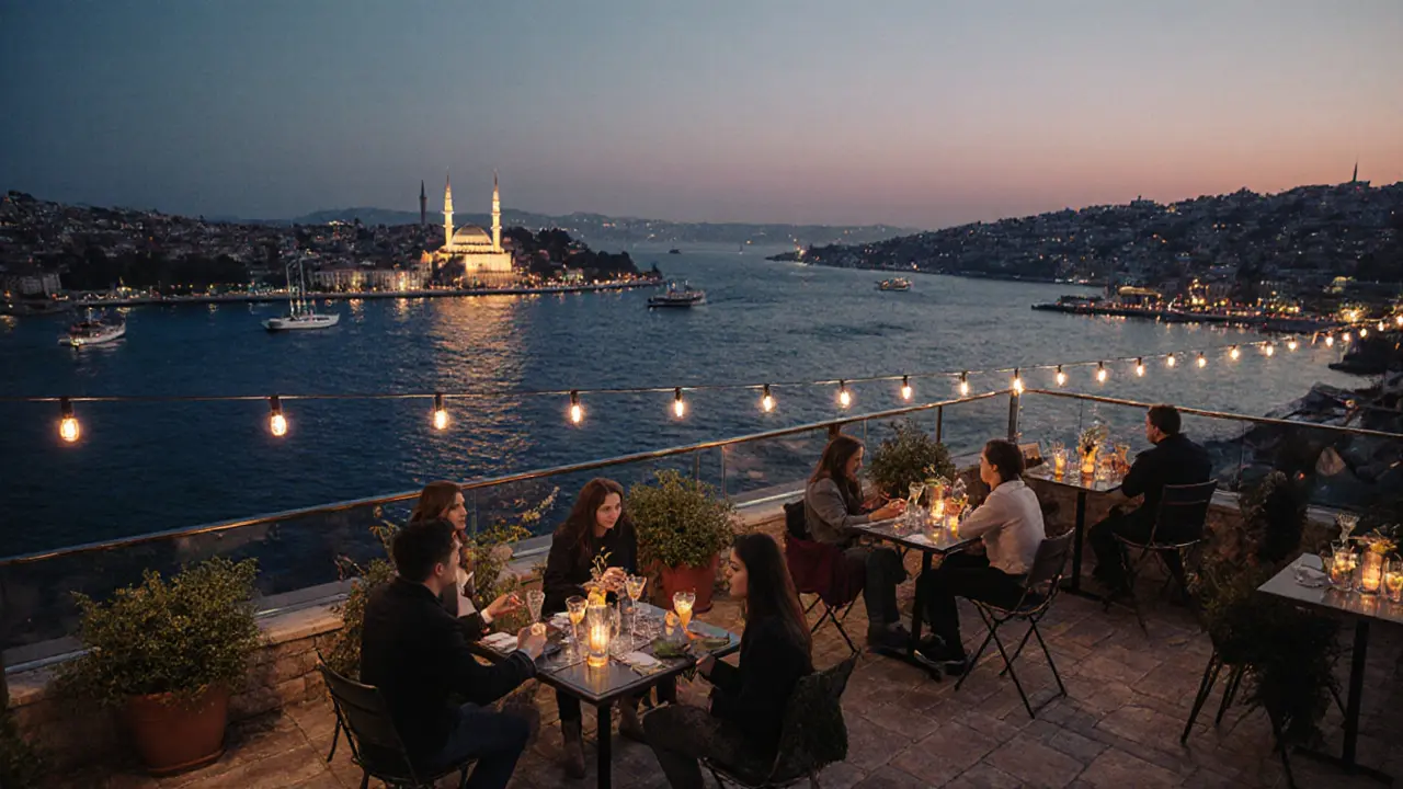 Rooftop bar overlooking the Bosphorus at twilight with guests drinking cocktails and the Galata Tower lit in the distance.