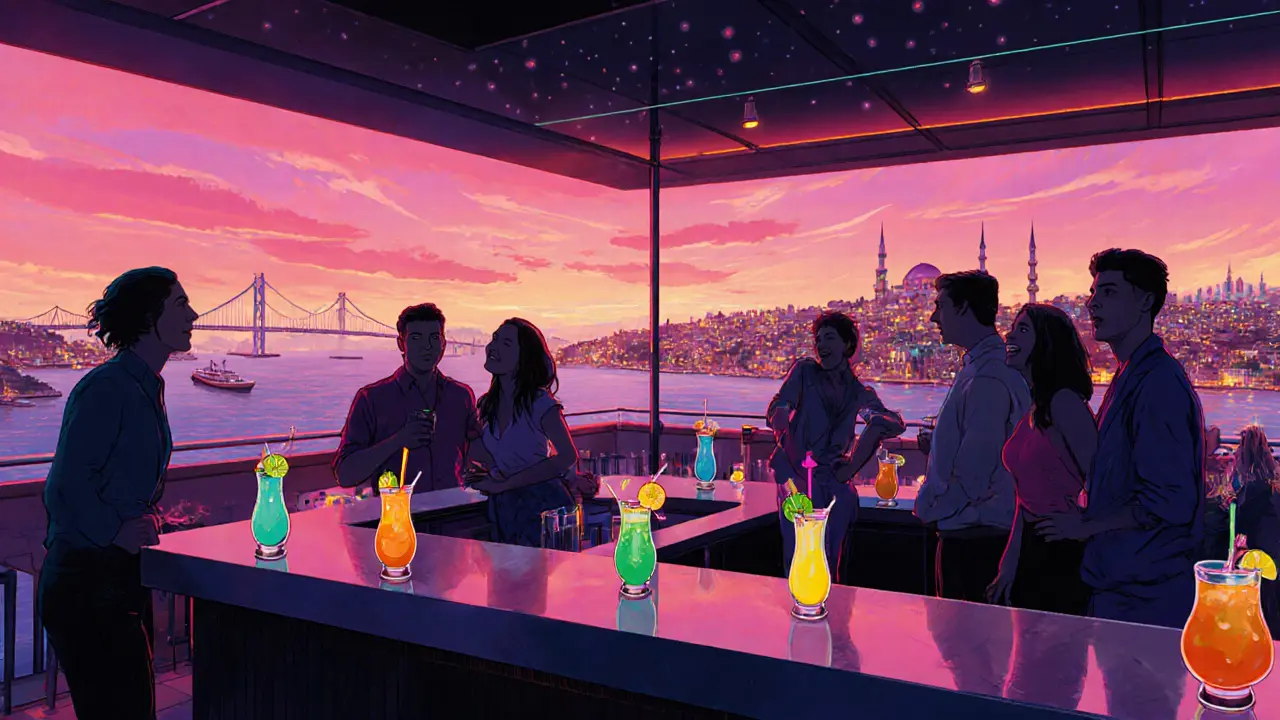 Rooftop bar scene with friends enjoying sunset cocktails and a panoramic view of the Bosphorus.