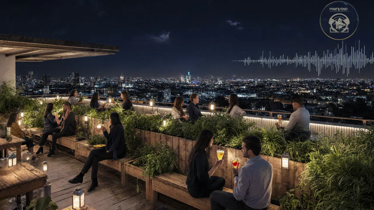 Rooftop garden bar at night with native plants, recycled glass cocktails, and city view.