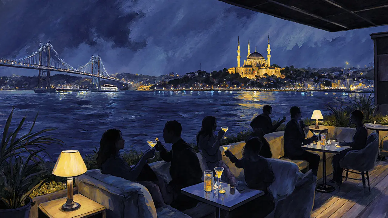 Rooftop lounge in Karaköy with city lights and Bosphorus glowing in the background.