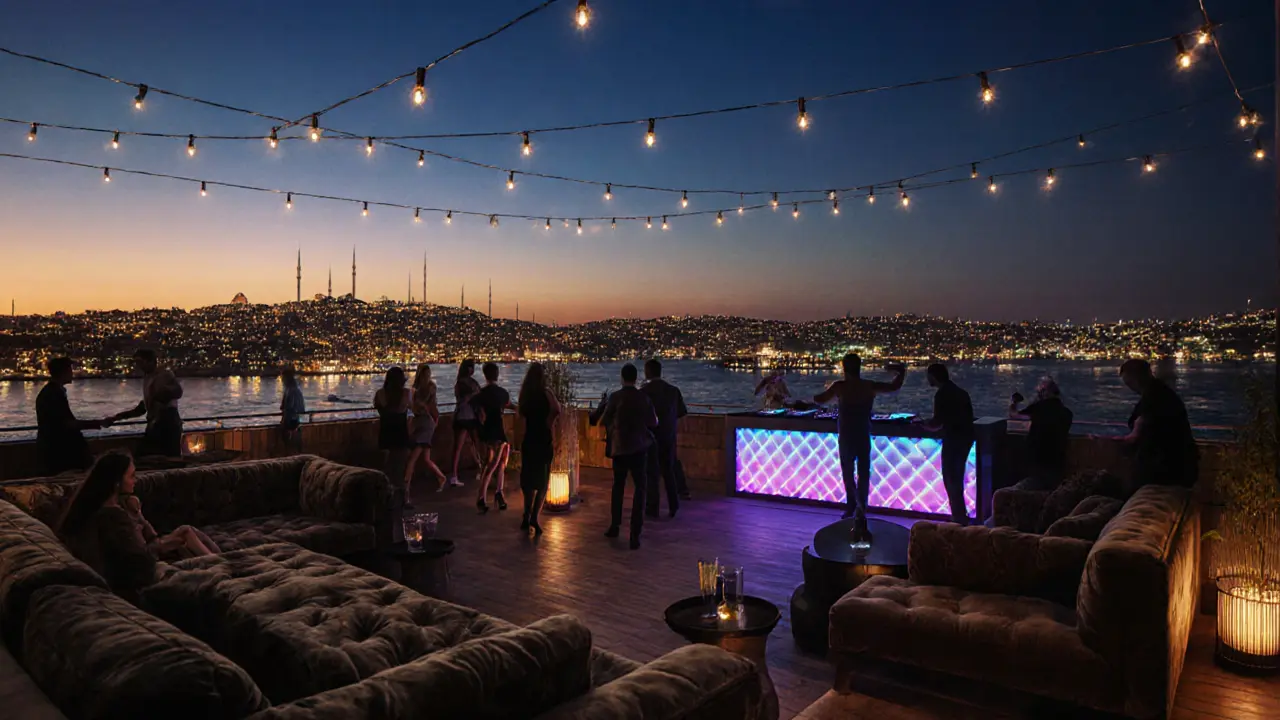 Rooftop party with Istanbul skyline glowing behind dancers and string lights.