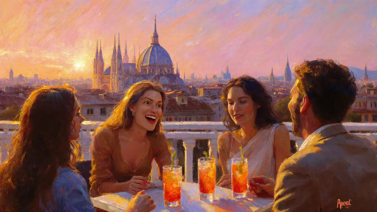 Rooftop terrace at sunset overlooking the Duomo, friends sipping Aperol spritz.