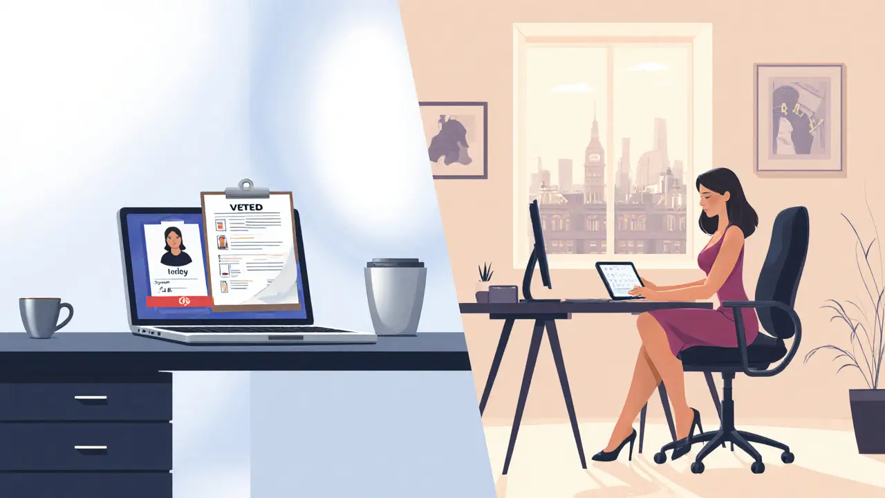 Side‑by‑side illustration of an agency office and an independent escort's home workspace.