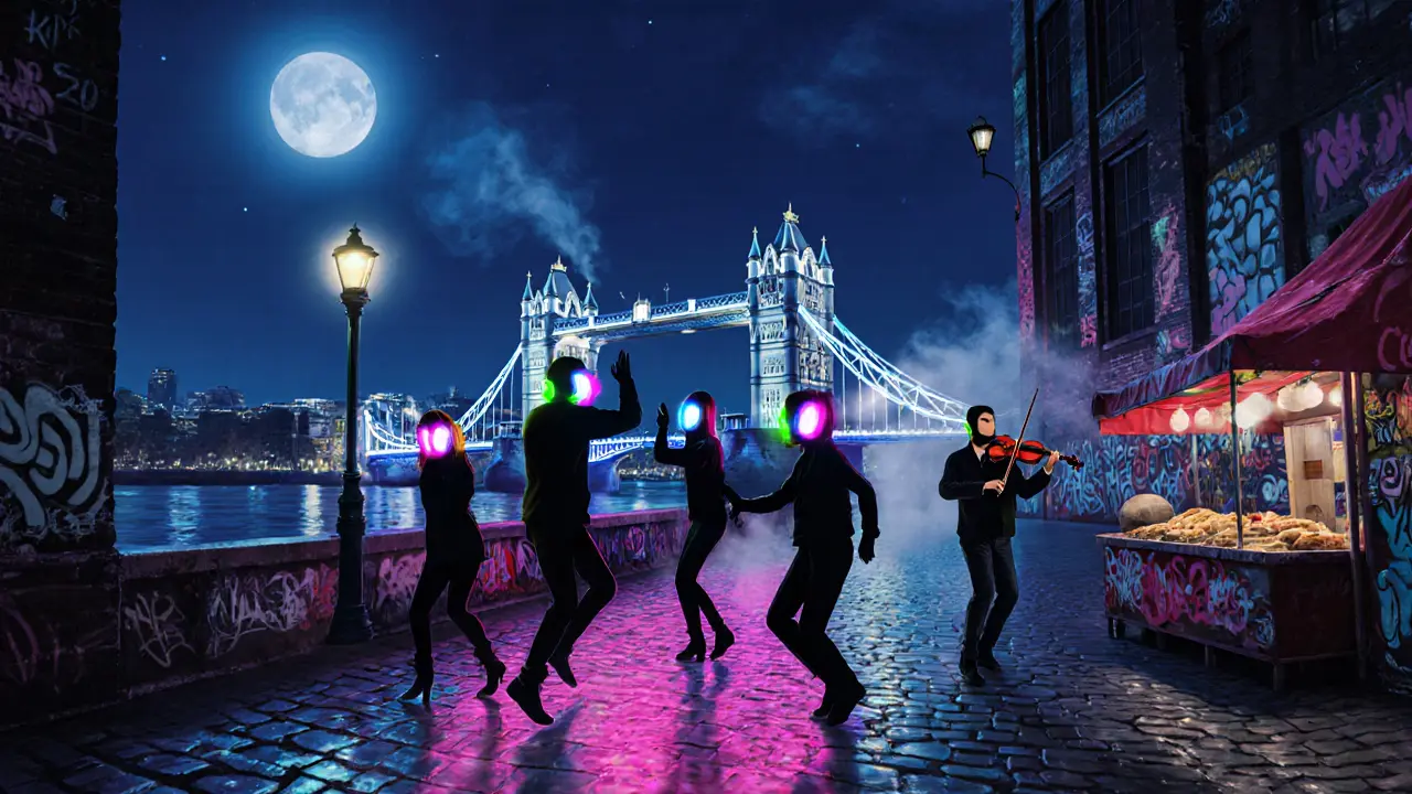 Silent disco under Tower Bridge at night, silhouetted dancers glowing with colored headphones.
