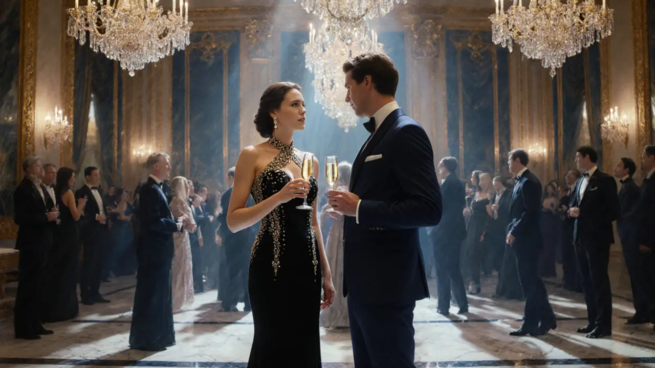 Sophisticated escort and client mingling at a glamorous Parisian gala.