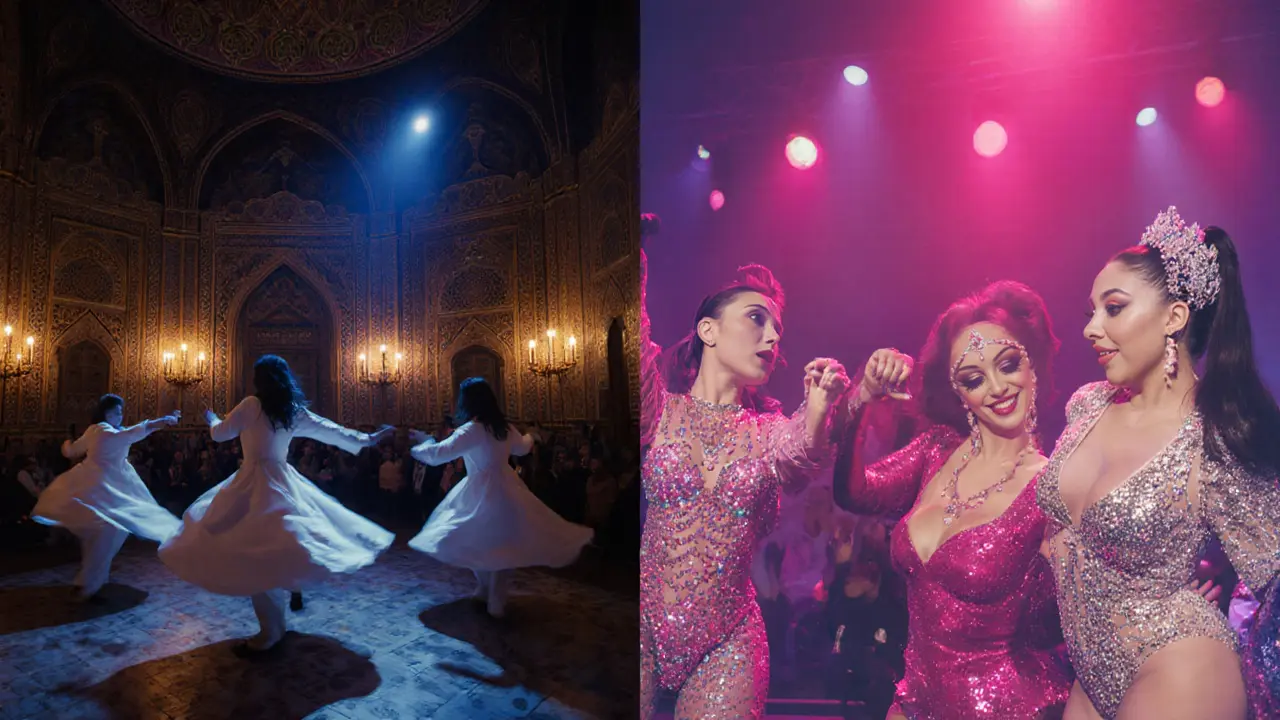Sufi whirling ceremony beside a drag show, contrasting cultural nightlife.