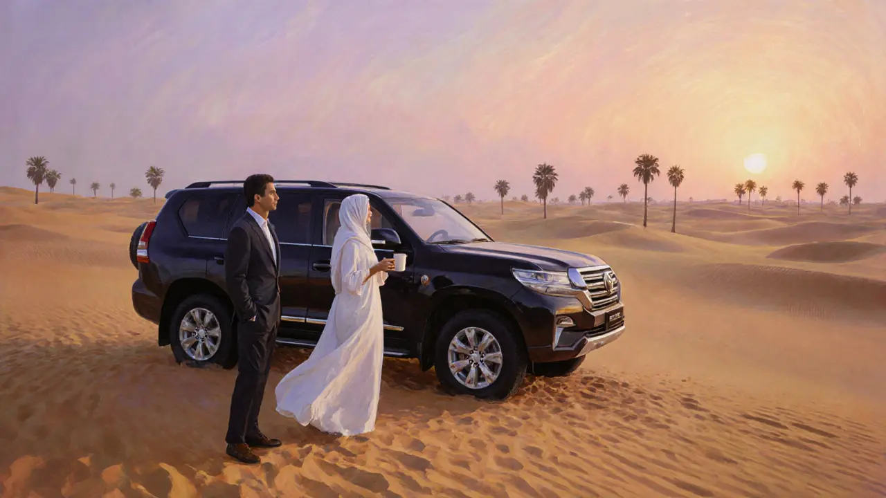 Sunrise desert safari scene with luxury 4x4, escort in white kaftan, and gentleman holding coffee.