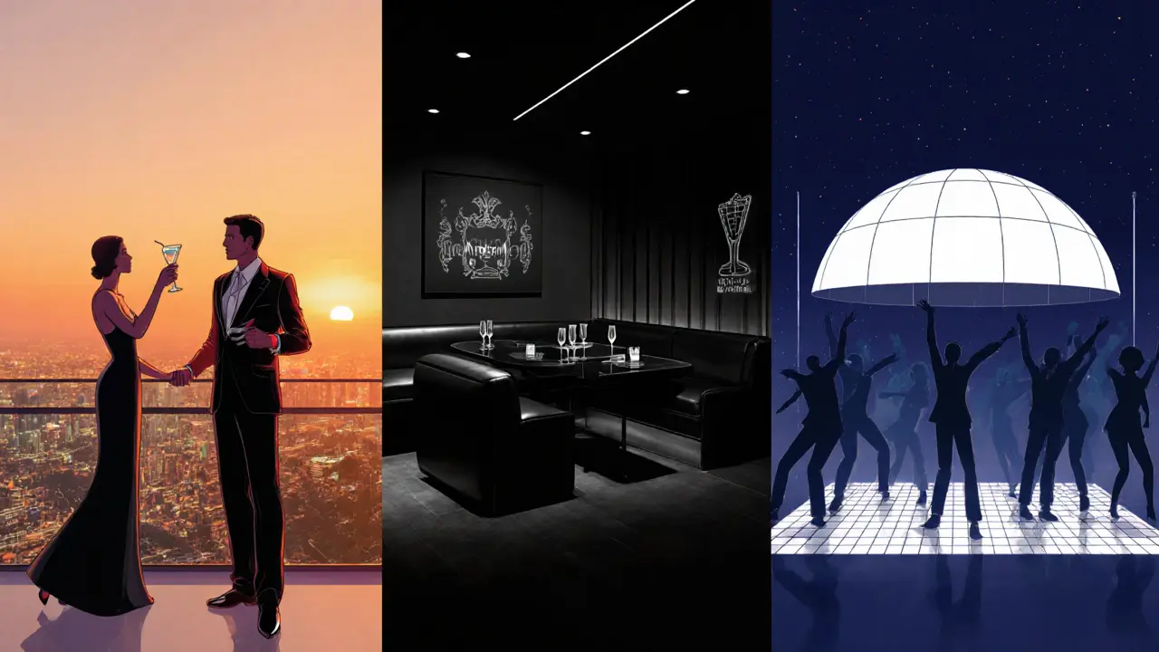 Three‑panel illustration of a night out: Skybar sunset, Armani/Privé suite, White Dubai after‑party.