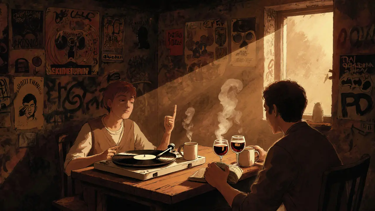 Two people share wine in a hidden basement bar in Kreuzberg, surrounded by art and vinyl records.