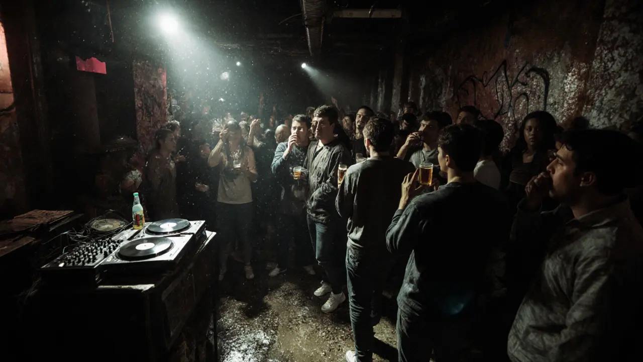 Underground warehouse party with crowd dancing under strobe lights and graffiti walls.