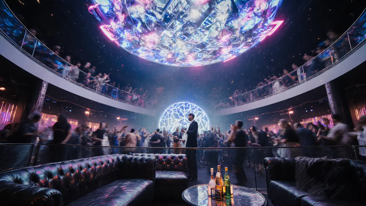 VIP mezzanine in White Dubai nightclub under a vibrant LED dome with dancing crowd.