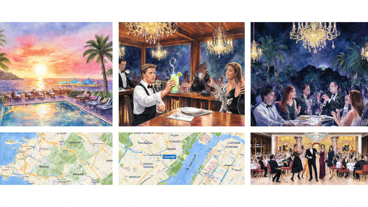 Watercolor montage of a Monaco night itinerary: beach club, Sea Grill, Jimmy'z, casino lounge.