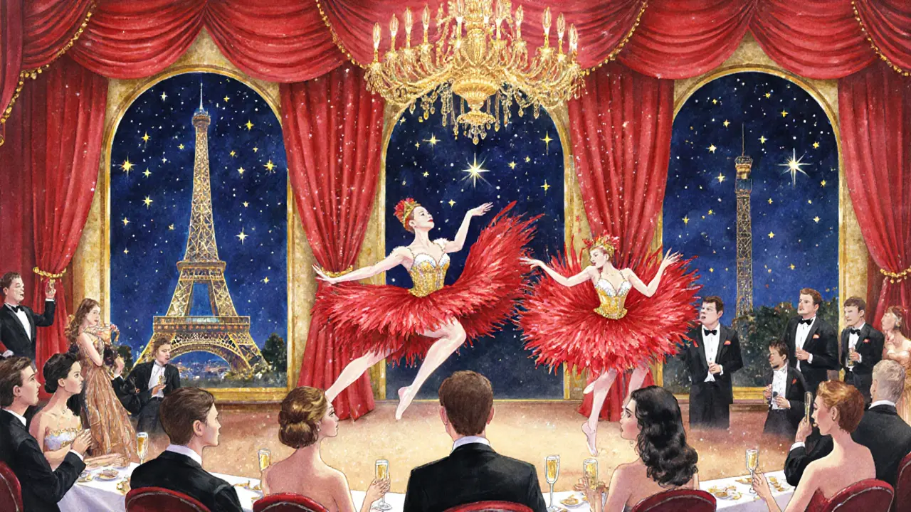 Watercolor of Moulin Rouge stage with can‑can dancers, audience, and the Eiffel Tower beyond.